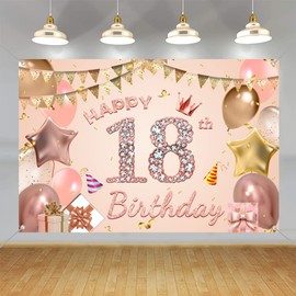 Tecreo Happy 18th Birthday Decorations Backdrop Banner for Girls, Rose Pink, Vinyl, 59"x35.4"