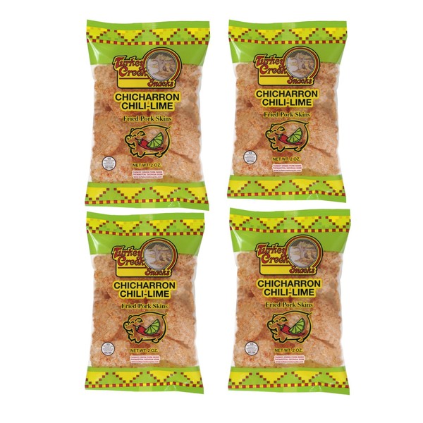 Turkey Creek - America’s Best Fried Pork Skins, offers a Premium 4-Bag Pack of its Chili-Lime Pork Rinds . These Pork Skin Chips (Chicharrones) are packed in full 2.0 oz bags.