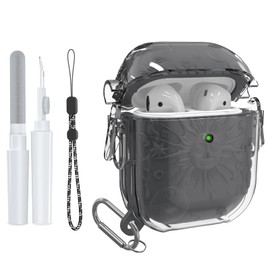 【2 Secure Lock】 for Airpods 1/2 Generation Case, Sun Face Engraved Silicone Case+Clear PC Hard Shell for AirPods 2nd/1st Gen Protective Cover with Clean Kit&Keychain&Lanyard (Black)