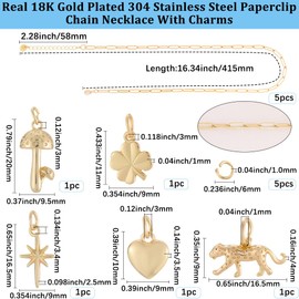 Beebeecraft 1 Box 5Pcs 16.34 inch 304 Stainless Steel Paperclip Chain Necklace for Women 18K Gold Plated Brass 5 Style Heart Mushroom Clover Cheetah North Star Charm with 5Pcs Open Jump Ring
