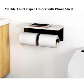 Toilet Paper Holder with Natural Marble Shelf for Bathroom Washroom,Wall Mounted Tissue Holder Suitable for Mega Roll (Matte Black, Large 11.8 * 4.7)