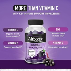 Airborne Elderberry + Zinc & Vitamin C Gummies For Adults, Immune Support Vitamin D & Zinc Gummies With Powerful Antioxidant Vitamins C D & E - 50 Gum