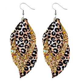 Colorful Layered S Shape Leather Dangle Earrings Shining Leaf Shape Leopard Print Earrings for Women Jewelry(G)