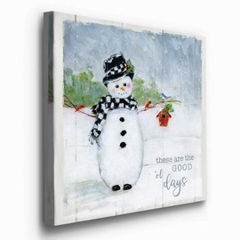 Renditions Gallery Good ol Days Snowman Wall Art, Cute Christmas & Winter Artwork, Festive Faux Wood Background, Premium Gallery Wrapped Canvas Decor, Ready to Hang, 16 in H x 16 in W, Made in America