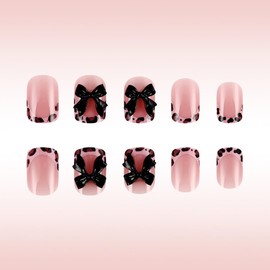 Yamobi Pack of 24 Leopard Print French Tip Press-on Nails, Square Short False Nails with Black Bow, Pink, Full Cover Artificial Nails
