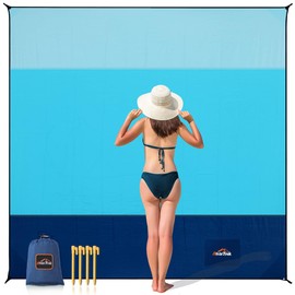 AnorTrek Beach Blanket Sandproof, Extra Large Beach Mat, Sand Free Mat Quick Drying, Lightweight, Soft & Durable Mat for Beach, Yard (Sky Blue & Blue & Dark Blue, 10 x 10 FT (1～9 Person))