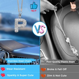Bling Car Accessories for Women Letter Charm, Rear View Mirror Ornament Cute Hanging Crystal Pendant Girl Car Decorations, Lucky Diamond Rhinestone Girly Charm Interior (White P)