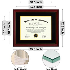 Luminary 11x14 Wood Diploma Frame with 8.5 x 11 Opening Black Mat for College Degree Certificate Document, Cherry Red Wooden Frame with Tempered Glass Panel for Wall or Tabletop Display