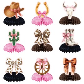 9Pcs Western Cowgirl Party Decorations for Table, Honeycomb Centerpieces Boots Bows Western Pink Rodeo Western Decor for Baby Shower Bachelorette Birthday Supplies