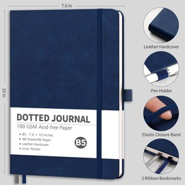 RETTACY Bullet Dotted Journal Notebook, 96 Pages, B5 Medium Size (7.6'' x 10''), Leather Hardcover, 100 GSM Thick Paper, for Bullet Journaling, Planning, Tracking (Navy Blue)