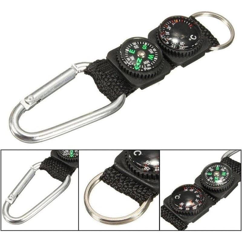 Outdoor Multifunctional Carabiner with Compass and Thermometer, Keychain for Camping,