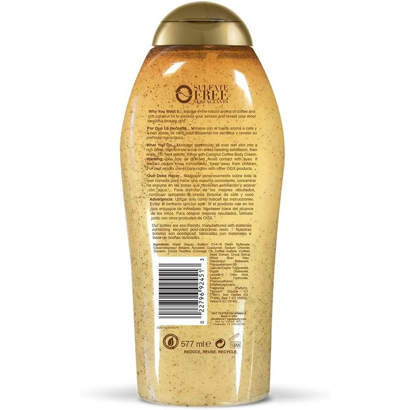 OGX, Body Wash y Exfoliante de Coco y Café, 577
