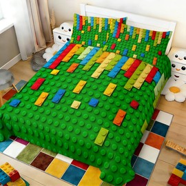 BlessLiving Boys Double Size Bedding Set Kids Toy Pattern Duvet Cover Set Green 3 Piece Colorful Toy Blocks Comforter Cover Set for Teens Kids Boys Girls (Double)