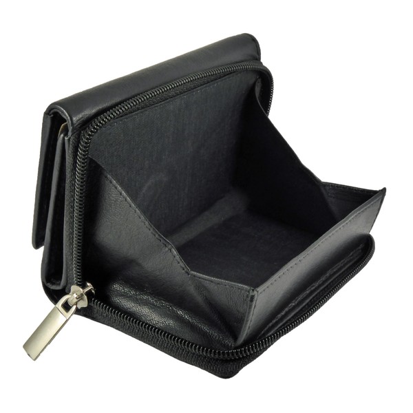 Ladies Real Leather Zip-Around Coin Tray Purse, RFID Protected (Black)