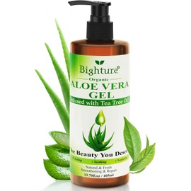 "BIGHTURE Gel de aloe vera con aceite de árbol de té para rostro, piel, cabello y alivio de quemaduras solares. Gel de aloe vera orgánico de aloe 100% puro recién cortado, 13,7 oz.