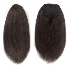 UAmy hair Long Yaki Straight Drawstring Ponytail for Women 20inch Dark Brown with Highlights Slight Kinky Straight Pony Tail Hairpieces Synthetic Ponytail Extension(4H30)
