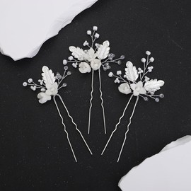 Denifery 3 Pieces Silver Flower Bride Wedding Hair Pins Leaf Bridal Headpiece Bead Bridesmaids Hair Accessories for Women and Girls