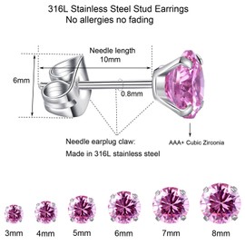 6 Pairs Stud Earrings Set, Hypoallergenic Cubic Zirconia Earrings 316L Stainless Steel CZ Earrings 3-8mm (Pink CZ)