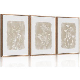 CHDITB Botanical Farmhouse Wall Art Set, Framed Boho Plant Wall Decor, Neutral Minimalist Floral Wall Painting, Rustic Wildflower Canvas Art Prints for Living Room, Bedroom, Bathroom - Large 16"x24"x3