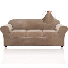 PrinceDeco Velvet Couch Covers for Sofa Soft 4 Pieces Couch Covers for 3 Cushion Couch Sofa Pet Friendly Furniture Protector with Non Slip Elastic Bottom Width Up to 90 Inch (Large, Camel)