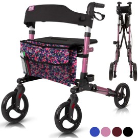 Vive Mobility Rollator Walker with Seat - Folding 4 Wheel Medical Rolling Walker with Bag - Mobility Aid for Adult, Senior, Elderly & Handicap - Aluminum Transport Chair