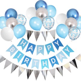 Lausatek Happy Birthday Balloons Set Garland, Flag, Sparkling Paper Feather, Decoration, Decoration, Birthday, Party, Surprise, Celebration, Event, Light Blue, Silver