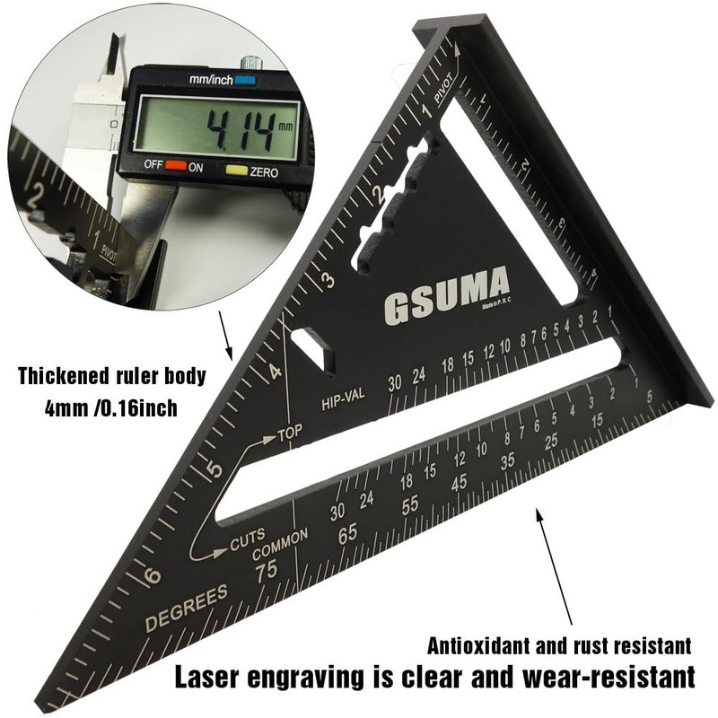 GSUMA 7 Inch Carpenter Square,Rafter Square,Aluminum Alloy Triangle Ruler,Layout Measuring