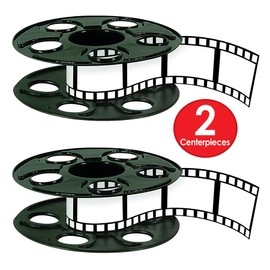 Beistle Movie Reel with Filmstrip Centerpieces, 2-Count Thin Plastic 3D Cinema Reels with 15-Foot Filmstrips, Customizable Hollywood Party Decorations for Red Carpet Events & Theater Themes, 9"