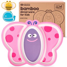 GET FRESH GET FRESH Bamboo Kids Divided Plates – 1pc Butterfly Sectioned Bamboo Fibre Childrens Plates – Cute Animal Bamboo Toddler Divided Plate – Reusable Bamboo Fibre Kids Plates with 3 Compartments