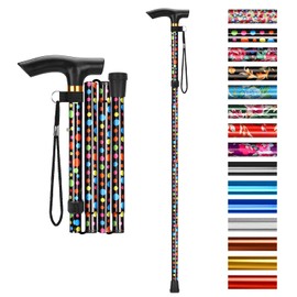 supregear Folding Cane, 5-Level Adjustable Height Walking Stick Lightweight Collapsible Portable Travel Cane with Wrist Strap and T Handle for Elderly Disabled Men Women, Black Polka Dots