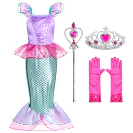 Little Girls Mermaid Princess Costume for Girls Dress Up Party with Gloves,Crown Mace 5-6 Years