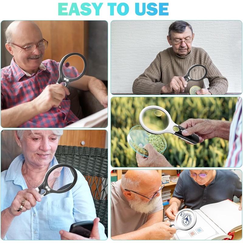 Handheld LED Magnifying Glass with Dual Lenses for Reading, Coins
