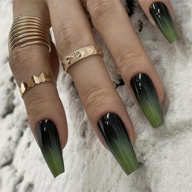 Coffin Press on Nails Long Fake Nails Sparkly False Nails Green Ombre Glue on Nails Glossy Stick on Nails Summer Cute Artificial Nails for Women 24Pcs