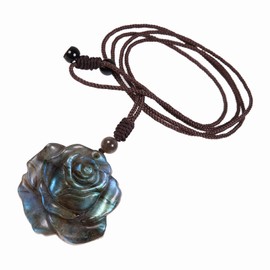 mookaitedecor Rose Flower Natural Labradorite Crystal Pendant Necklace for Women Men, Healing Crystal Semi Precious Stone Gemstone Lucky Charm Necklace for Reiki Chakra Amulet Jewellery Gifts