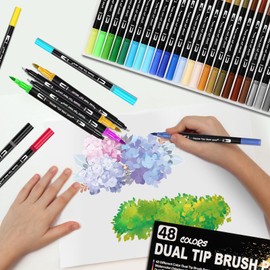Felt Tip Pens for Adults, Brush Pen Set, 48 Colours, Dual Tip Brush Pens, Watercolour Marker, 0.5/3.8 mm Waterproof Dual Tip Marker, Markers for Colouring Book, Watercolour Pencils for Children and
