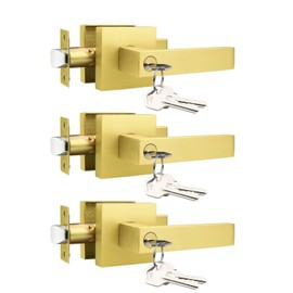 NIZADO 3 Pack Entry Door Handle with Lock and Keys, Gold Keyed Alike Interior Door Lever, Square Exterior Door Lock Set, Reversible Handle
