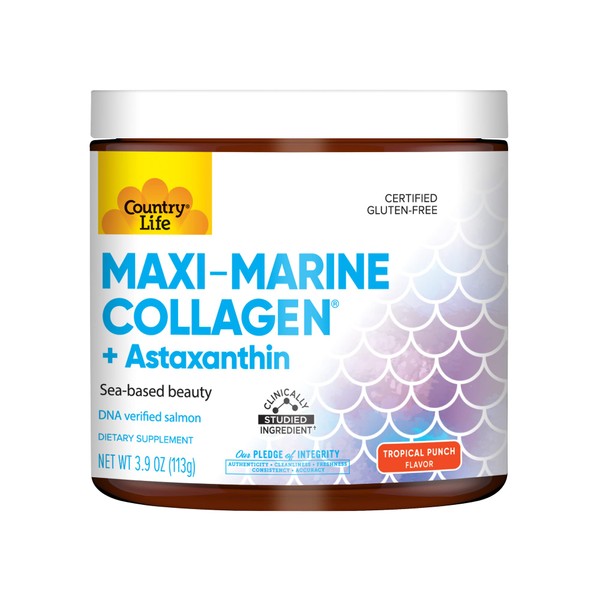 Country Life Maxi Marine Collagen + Astaxanthin - Tropical Punch - 3.9 Oz - May Help Increase Overall Skin Appearance - Hydration & Elasticity - DNA Verified Fish Collagen - Antioxidant