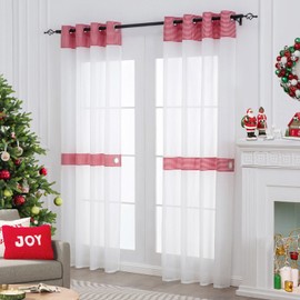 L.Z.E - Cortinas transparentes blancas para sala de estar, cortinas transparentes a cuadros rojos y blancas de 96 pulgadas de largo, juego de 2 paneles de cortina de granja con ojales en la parte