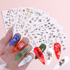 Christmas Nail Art Stickers, Holographic Laser Gold White Snowflake Nail Adhesive Sticker, Xmas Tree Snowflake Snowmen Elk Santa Claus Nail Art Decals for Women Girls Manicure Glitter Decoration