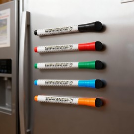Mag-Fancy Magnetic Dry Erase Markers, Fine Tip 1mm, With Built-In Eraser & Dual Magnets, Low Odor Safe Ink, 5 Color Set for Whiteboard, Refrigerator & Calendar
