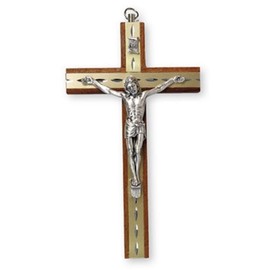 15cm Mahogany Wood Crucifix Cross Wall Hanging Wall Hanging Silver Jesus Diamond Cut Inlay 10581