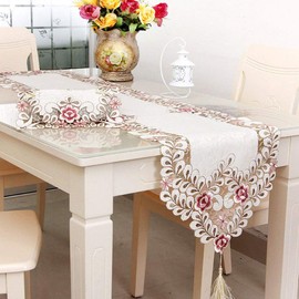 LeLehome 15" X 77" Classic Table Runner, Flowers Embroidery Lace Long Dresser Scarf Floral Cutwork Fabric Table Top Party Wedding Festival Home Decoration - Dark Red Rose