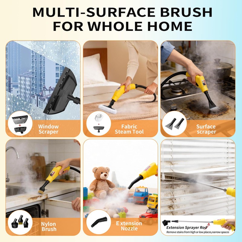 Steam Cleaner, High Pressure 15s Fast Heat, 6-Level Adjustable Handle,