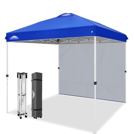 EAGLE PEAK Pop Up Canopy Tent with 1 Sidewall, Easy Setup Event Tent, Outdoor Sun Shade, Wheeled Carry Bag, Stakes and Guy Ropes, Instant Canopy 8x8, Blue