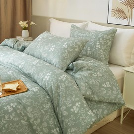 Duvet Cover Queen Size Green Floral Bedding Set Queen Soft Cotton for Girl Garden Style Vintage Floral Comforter Cover with 2 Pillowcases 3 Piece Aesthetic Botanical Queen Bedding Duvet Cover Set