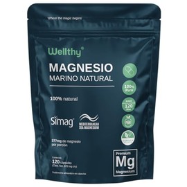 Wellthy Magnesio Marino Frances 120 Cápsulas con Sello SIMAG de autenticidad. 120 Porciones, 377mg, VCaps Cápsulas Veganas, Bottle Free. La Más Alta B