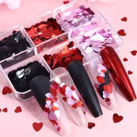 6 Grids Heart Nail Art Glitter Valentine's Day Nail Sequins 3D Heart Nail Flakes Supply Red Black Purple Heart Design Holographic Valentine Nail Decals Cute Nail Glitter for Acrylic Nail Decorations
