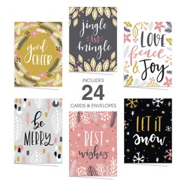 Modern Holiday Christmas Cards / 24 Grey, Pink and Mustard Holiday Cards with Matching Envelopes