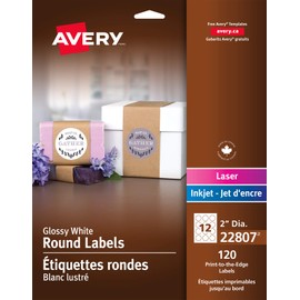 Avery 2" Inch Round Labels, Glossy White, Permanent, Pack of 120 Labels, Inkjet/Laser, Made in Canada (22807)