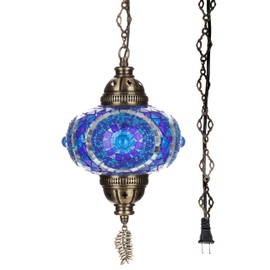 DEMMEX Plug in Pendant Light, Turkish Moroccan Mosaic Ceiling Hanging Pendant Light Fixture Lamp, 6.5" Shade, 15ft Thick Leaf Type Metal Chains, Cord & Plug (Blue)